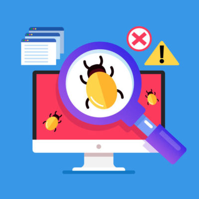 Magnifier searching malware bug. Computer internet error virus concept. Vector flat cartoon isolated graphic design